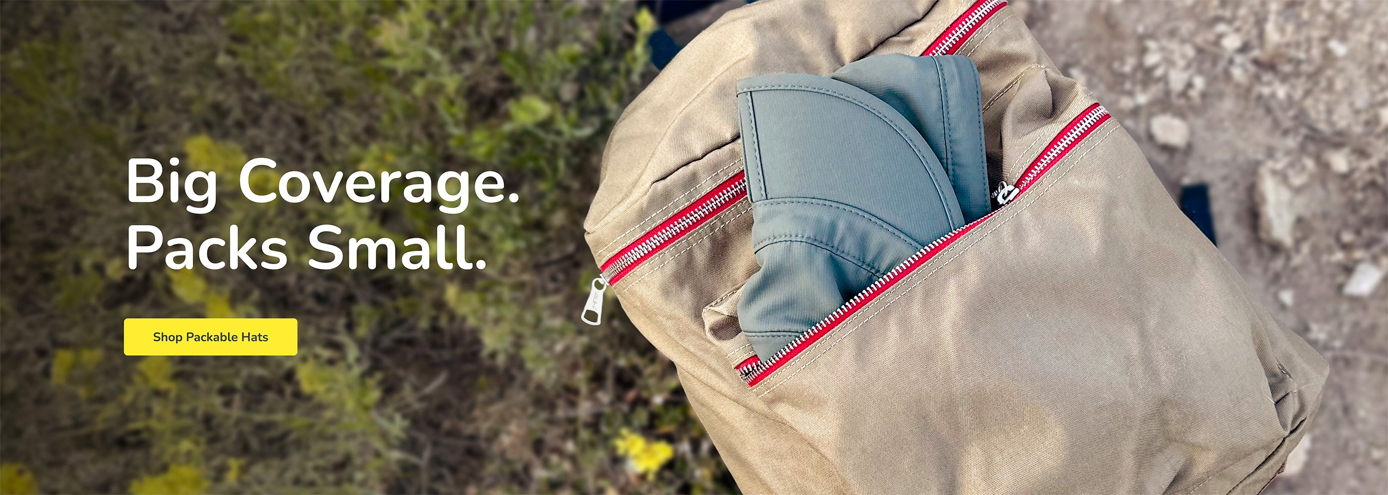 Beige backpack with a folded up Sun Tripper Hat inside, set against a natural background and a button that says "Shop Packable Hats".