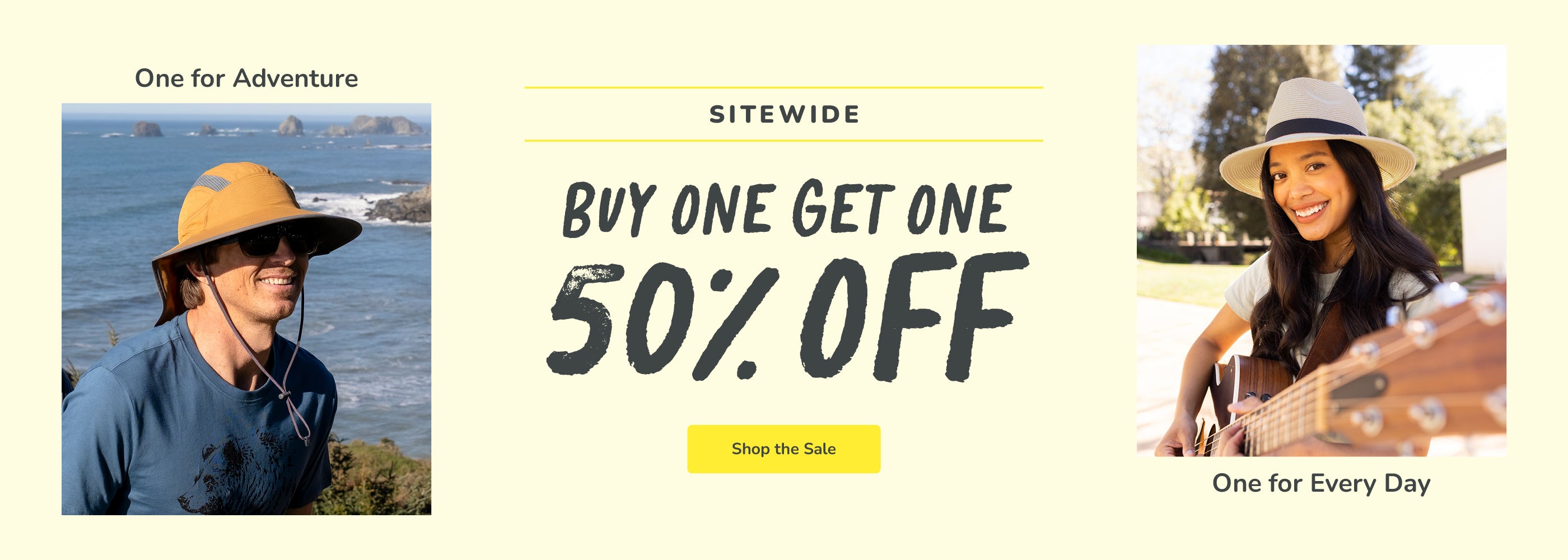 Promotional banner with two people wearing hats and a 'Buy One Get One 50% Off Sitewide' offer.
