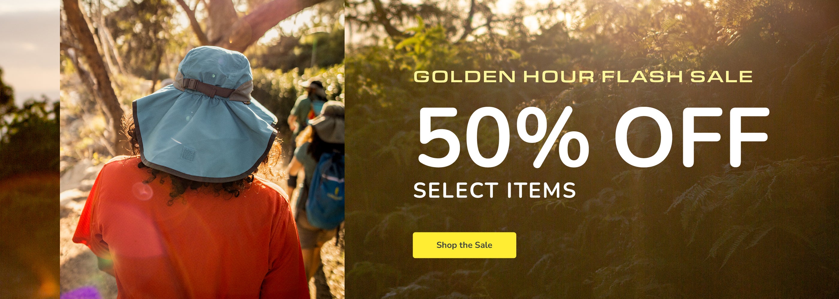 Promotional banner for a 'Golden Hour Flash Sale' with a 50% discount on select items, set against a natural background.