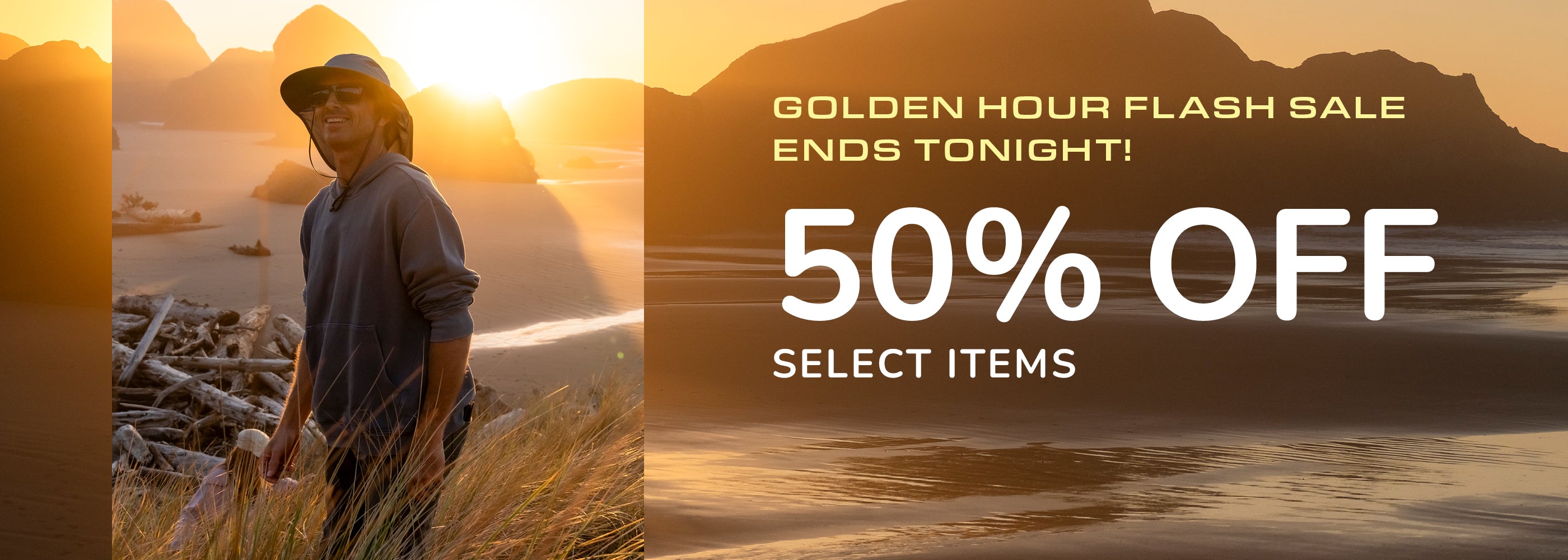 Man standing on a beach with sunset, promotional text overlay for sale event.