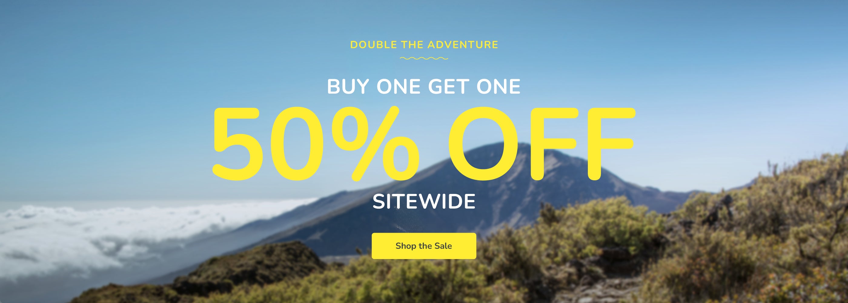 Promotional banner with mountain landscape and sale text overlay