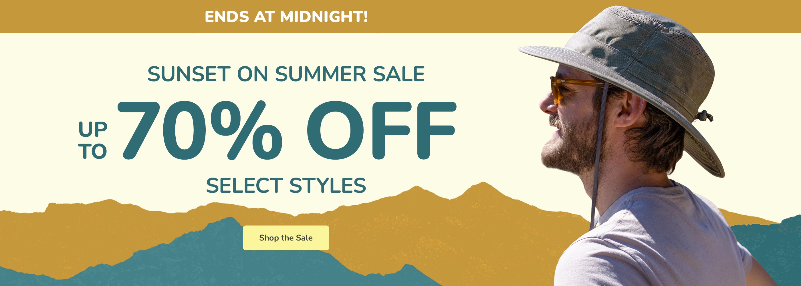 Promotional banner for a summer sale with text reading 'Sunset on Summer Sale, Up to 70% Off, Select Styles' and 'Ends at Midnight!' over a cream background with stylized mountain graphics. A man in profile wearing a wide-brim hat and sunglasses appears on the right side.