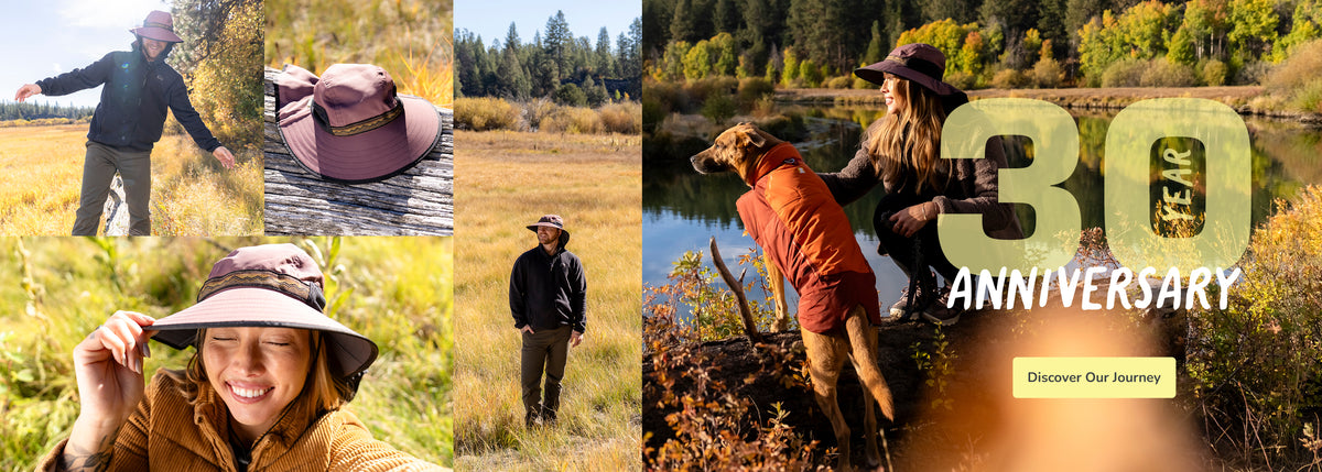 A collage of outdoor lifestyle photos showing a woman wearing a wide-brim brown hat, a dog in an orange coat, and a close-up of the hat on a wooden surface. The collage includes a large '30 ANNIVERSARY' text overlay and a small 'Discover Our Journey' button.