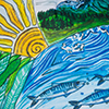A colorful landscape-style illustration showing a bright yellow sun, green hills, and blue waves, with no visible product context or packaging.